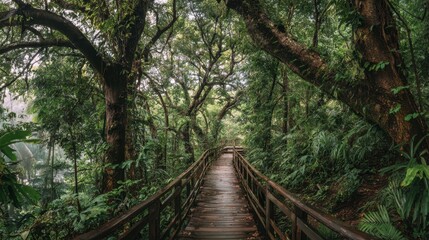 Obraz premium Walking along a wooden path in a tranquil forest surrounded by rich greenery and towering trees.