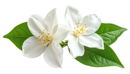 Two delicate white blossoms with green leaves on dark backdrop