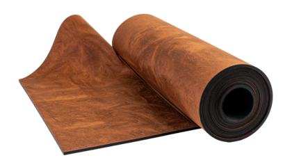 Rolled brown textured yoga mat on black backing, partially unrolled