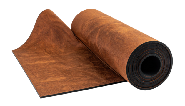 Rolled brown textured yoga mat on black backing, partially unrolled