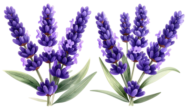 Two lavender sprigs, purple blossoms, green leaves, detailed