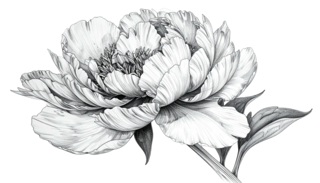 Detailed monochrome flower with layered petals and foliage