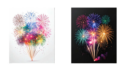 Festive fireworks, colorful explosions on bright and dark backdrops