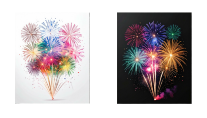 Festive fireworks, colorful explosions on bright and dark backdrops