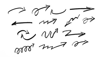 Charcoal hand drawn pencil arrows. Doodle curved chalk darts. Texture design elements of scribble lines. Vector illustration of hand painted crayon check lines.