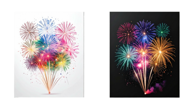 Festive fireworks, colorful explosions on bright and dark backdrops