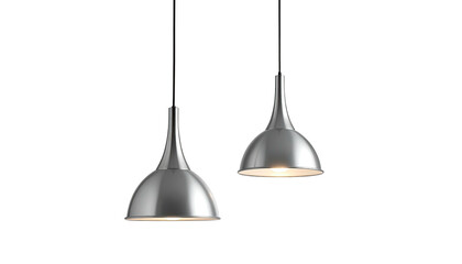 Two hanging silver lights illuminate against a dark backdrop