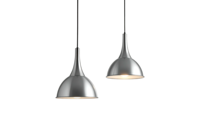 Two hanging silver lights illuminate against a dark backdrop