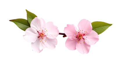 Two pastel pink cherry blossoms and leaves on a dark background