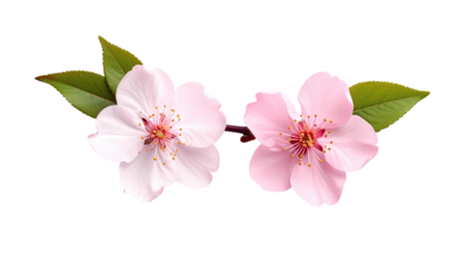 Two pastel pink cherry blossoms and leaves on a dark background