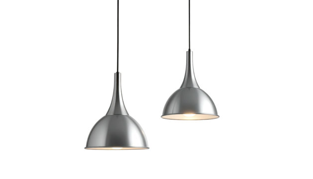 Two hanging silver lights illuminate against a dark backdrop
