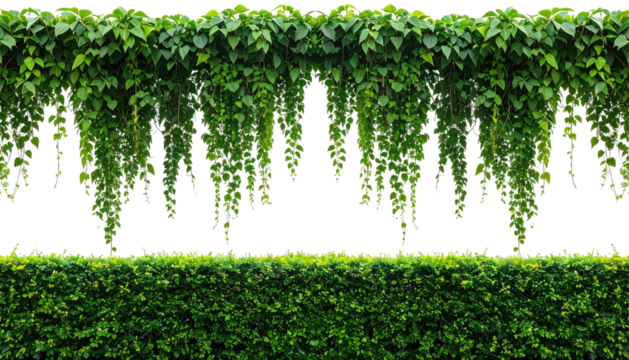 Cascading green vines above clipped hedge; dark background