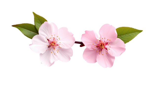 Two pastel pink cherry blossoms and leaves on a dark background - Powered by Adobe