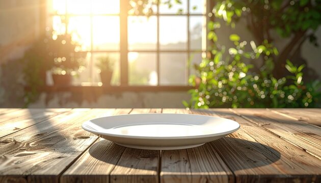 A rustic wooden table with a white plate sits in front of a sunlit window with greenery outside creating a warm inviting atmosphere for dining