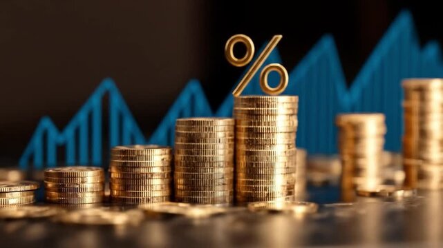 Rows of gleaming coin stacks rise beside a rising azure graph, with a floating percent symbol above!
