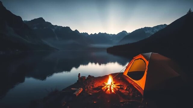 Camping by a peaceful lake with a cozy tent and a crackling campfire amidst majestic mountains. 4k video