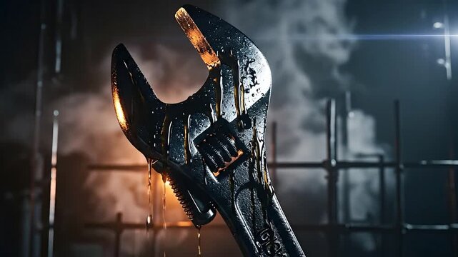 Close up of an adjustable wrench with steam