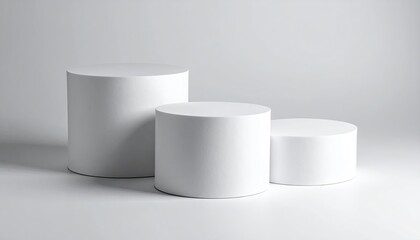 Three white cylinders, varying heights, minimal grey background