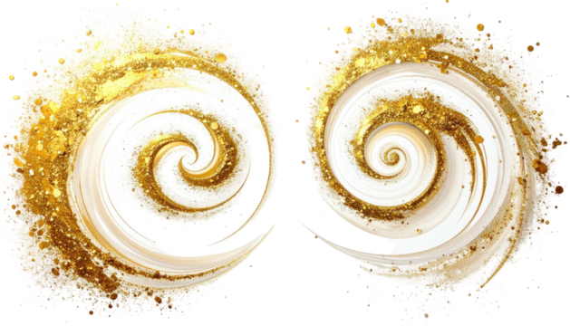 Two spirals, golden swirls, creamy whites, rough, glittery edges