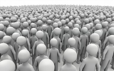 Gray faceless crowd of people on a gray background. Large bleached group of people in monochrome color. 3D rendering with copy space. High angle view. High quality