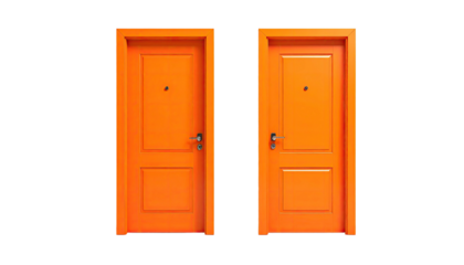 Two vibrant orange doors symmetrically positioned against black