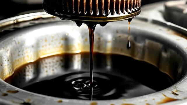 Close up view of oil dripping from a car filter into a metal container during service