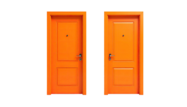 Two vibrant orange doors symmetrically positioned against black