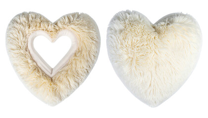 Fluffy heart pillows, one with open center, creamy white