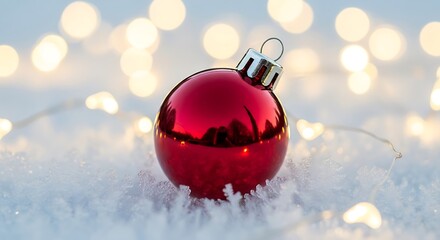 A single shiny red christmas ornament rests on soft white snow with a bokeh background of warm glowing lights