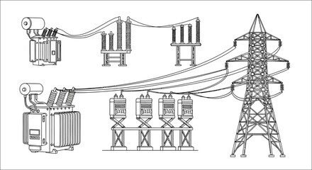Detailed illustration of electrical power transmission towers and transformer substations