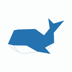 Blue Origami Whale Minimalist Geometric Design Isolated White Background.