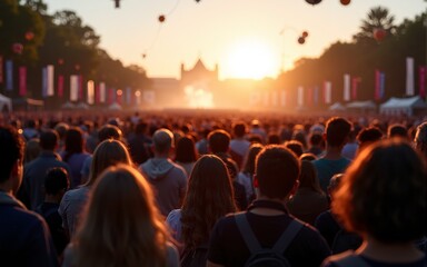 A large crowd of people stand together, looking towards an event in the distance, on a bright evening. High quality