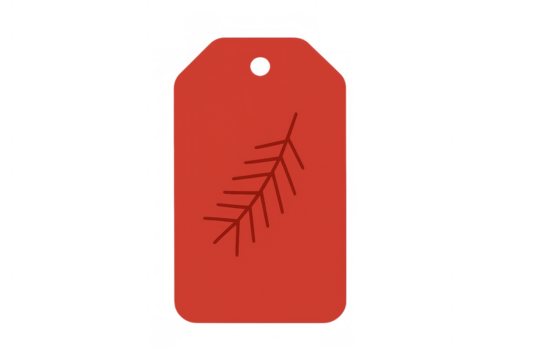 Red holiday gift tag design with pine branch drawing, flat style illustration on transparent background