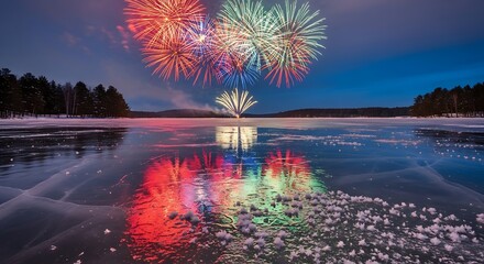 Vibrant fireworks explode in a clear night sky reflecting brilliantly on a frozen lake s surface