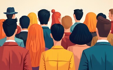 A colorful illustration of a diverse group of people seen from behind, highlighting the diversity of looks, styles and personalities of a large group of people, diversity and unity. High quality