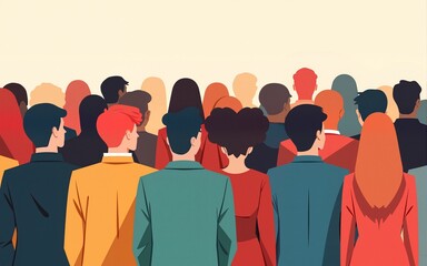 A colorful illustration of a diverse group of people seen from behind, highlighting the diversity of looks, styles and personalities of a large group of people, diversity and unity. High quality