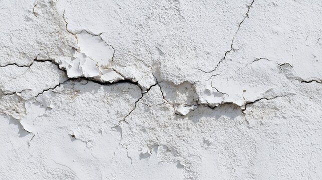 Detailed close up of distressed white wall texture with prominent cracks and peeling paint showing signs of age and weathering