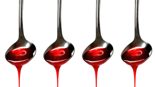 Spoon holds red liquid metallic spoon contains vibrant red fluid spoon holds red