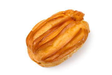 A single eclair pastry on a white background. Close-up of the cream-filled cookies