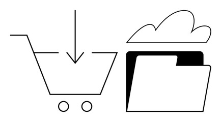 Shopping cart with download arrow next to a folder emerging from a cloud. Ideal for digital storage, e-commerce, data transfer, cloud technology, online business, web services, simple flat metaphor