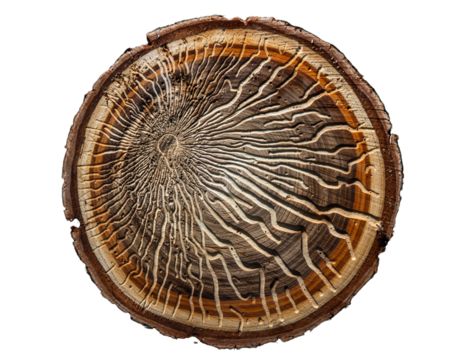 Tree Trunk Cross-Section with Abstract Bark Beetle Borehole Trails (Transparent Background)