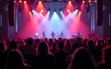 A large group of people sitting in front of a stage. Suitable for event, conference, or concert themes. High quality