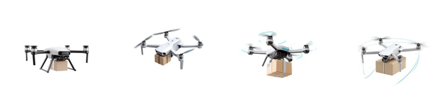 Set of drones with packages isolated on transparent background
