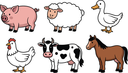 Farm Animals Vector Set | Cartoon Cow, Horse, Pig, Sheep, Duck, and Chicken Illustration