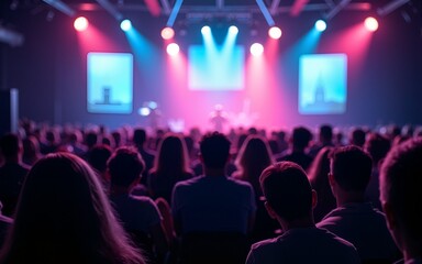 A large group of people sitting in front of a stage. Suitable for event, conference, or concert themes. High quality