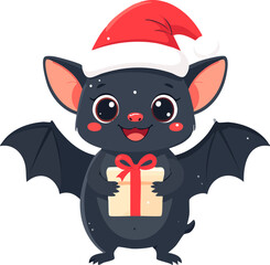 Cute cartoon bat wearing a Santa hat and holding a Christmas gift with a red bow.