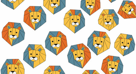 Seamless pattern of colorful geometric lion heads illustration.
