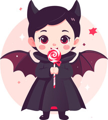 Cute cartoon child dressed as a vampire bat holding a swirl lollipop, with horns and wings, on a pink background.