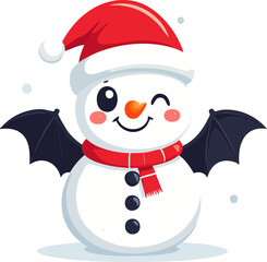 Cartoon snowman with bat wings, wearing a Santa hat and scarf, winking.