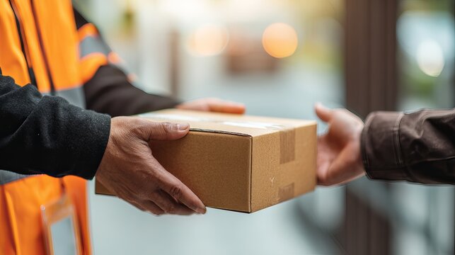 Swift delivery driver hands over package, ensuring customer satisfaction with efficient service and timely receipt of goods. - Powered by Adobe